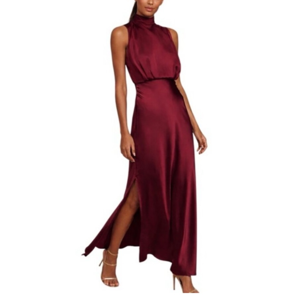 Lulus NWT Classic Elegance Satin Maxi Dress in Wine Size XS Mock Neck Sleeveless